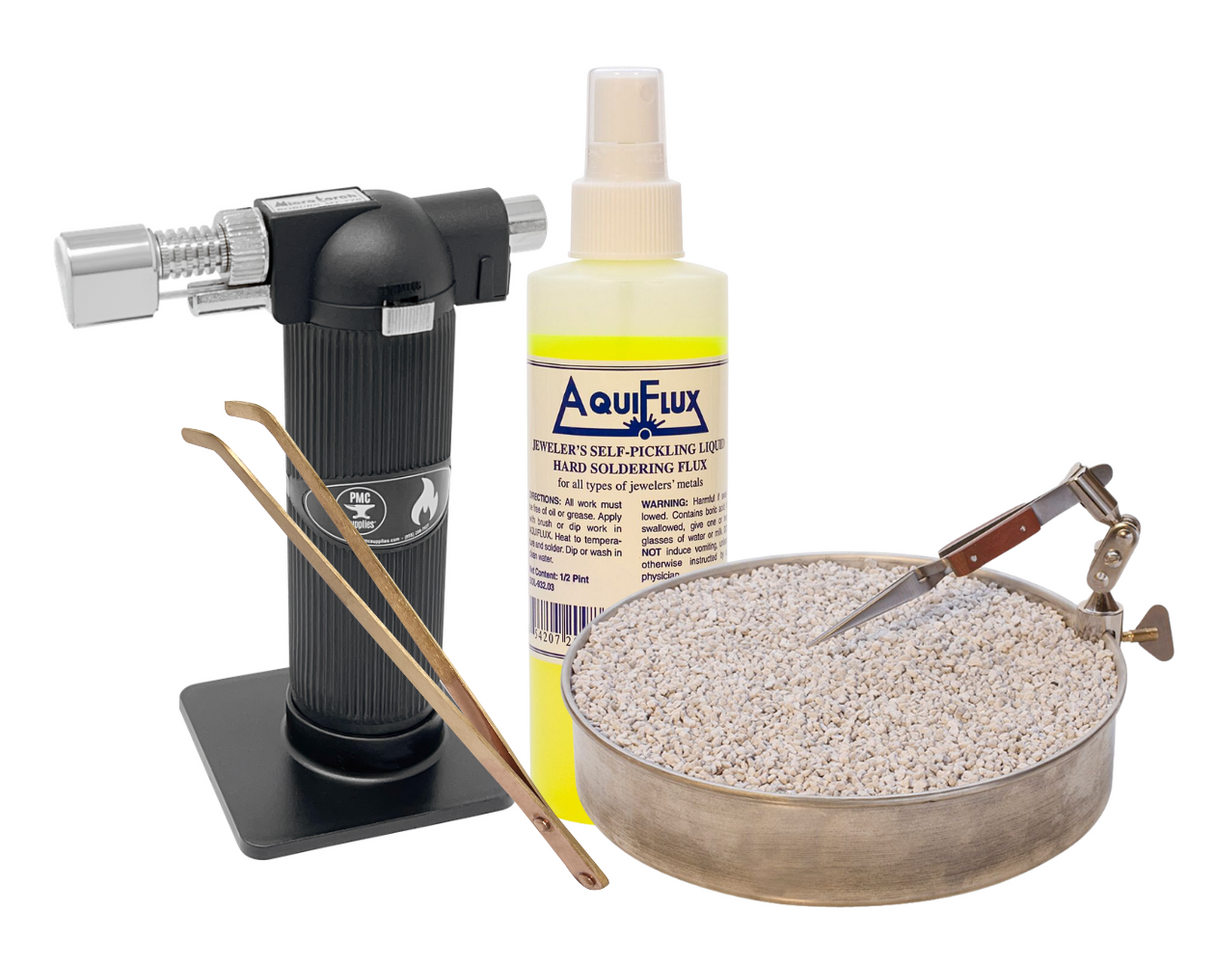 Advanced Soldering and Jewelry Making Kit with Aquiflux flux, annealing pan, third hand clamp, pumice, and butane micro torch for precise jewelry crafting
