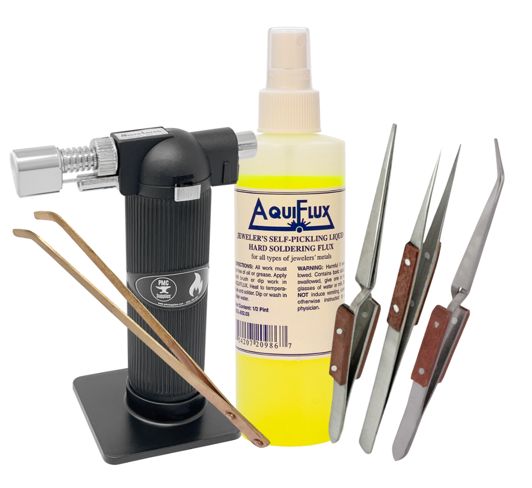 Precision soldering and jewelry-making kit with butane micro melting torch, Aquiflux flux bottle, and four precision tweezers with wooden handles.
