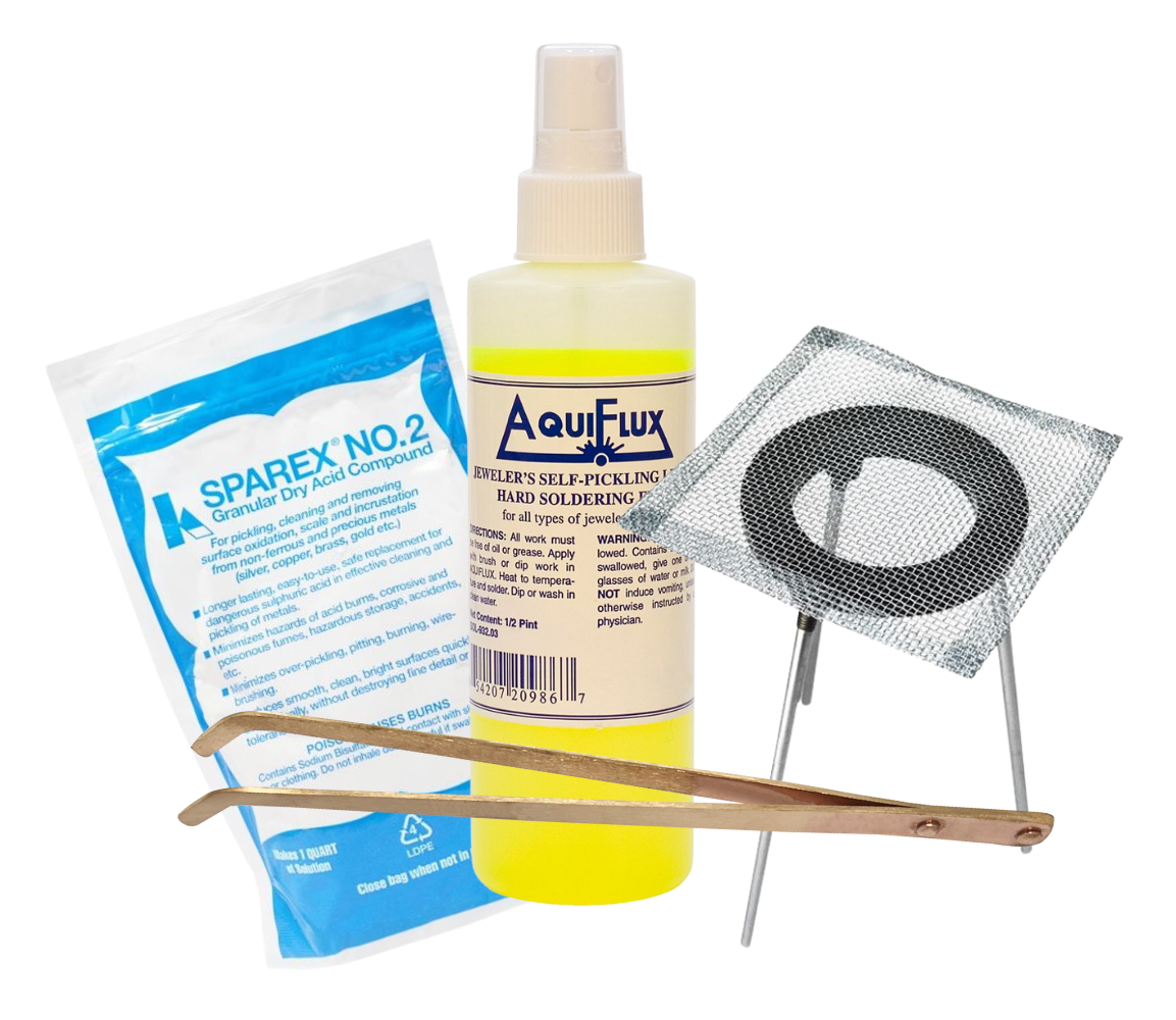 Complete Soldering and Pickling Kit with Aquiflux flux, heating tripod, tweezers, and Sparex acid compound for metalwork and electronics