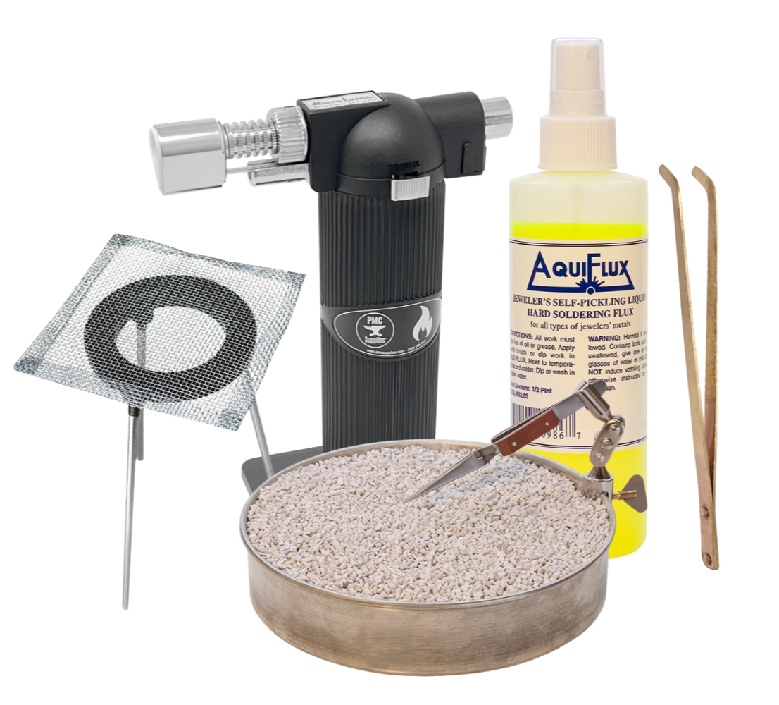 Professional soldering and jewelry-making kit with Aquiflux flux, butane torch, soldering pan, heating tripod, and tweezers