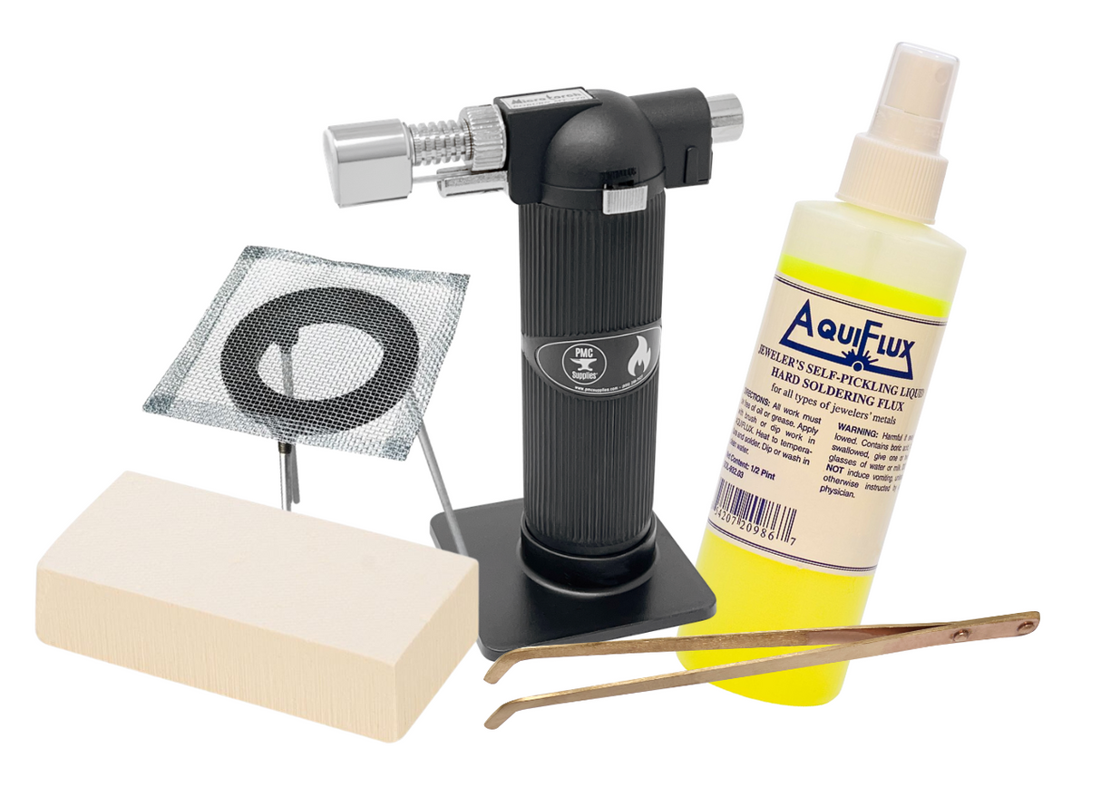 Advanced soldering and jewelry-making kit with Aquiflux flux, non-asbestos magnesia block, torch, tweezers, and heating tripod tools