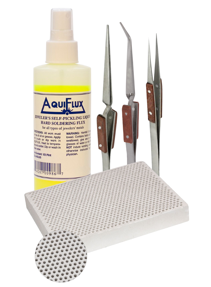 Soldering Precision Kit with Aquiflux Flux, Fiber Cross-Locking Tweezers, Fine-Tipped Tweezers, and Honeycomb Ceramic Block by PMC Supplies