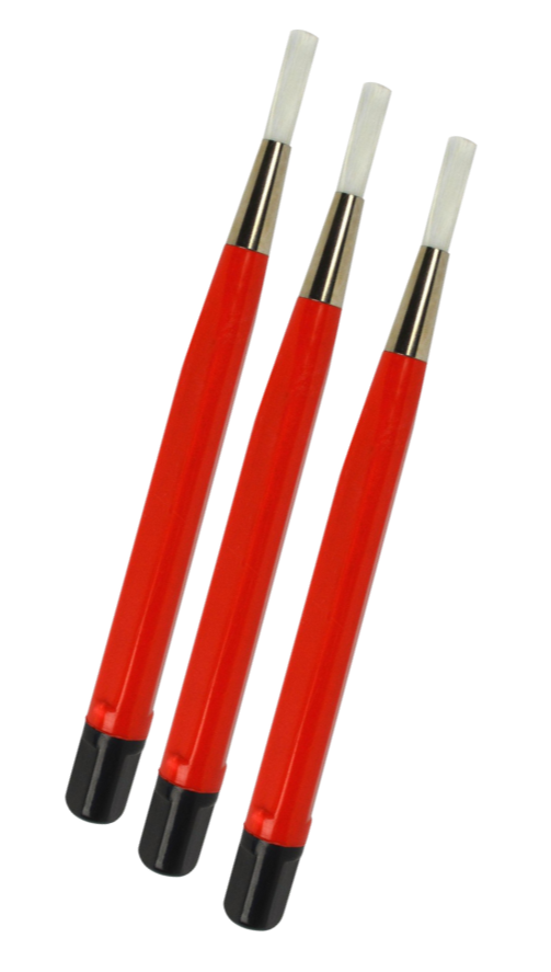 Red pen-style retractable scratch brush kit 3-pack with fiber bristles for rust and grime removal