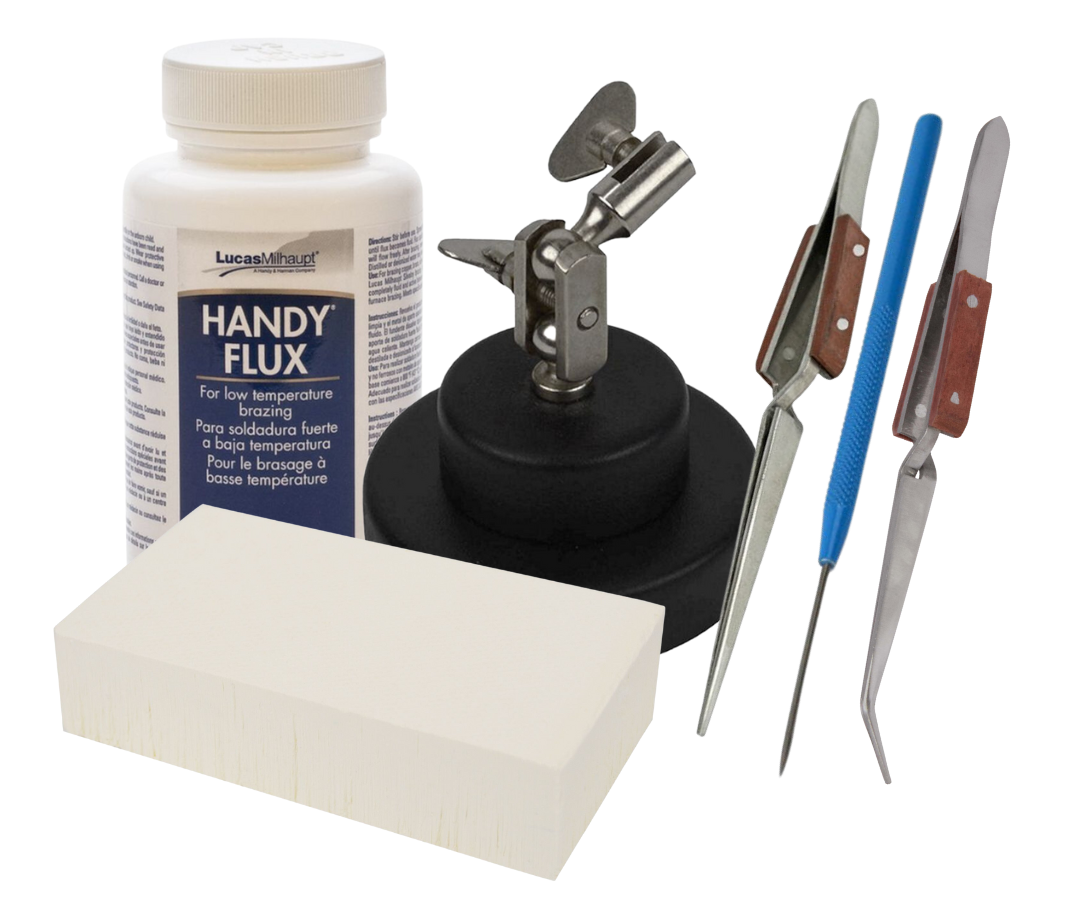 Soldering Essentials Kit with third hand base, flux paste, tweezers, magnesia block, and titanium soldering pick for precision soldering tasks