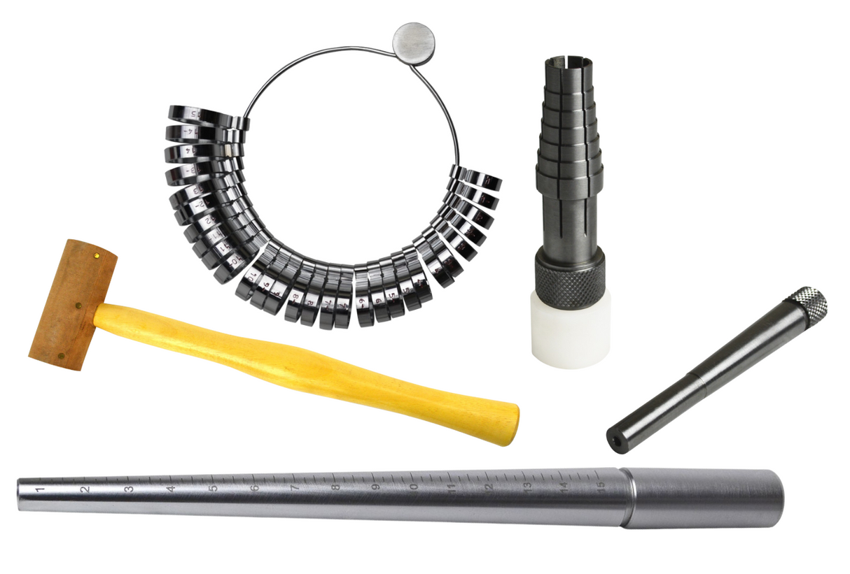 Complete Ring Sizing and Shaping Kit with ring sizer gauge, ungrooved steel mandrel, ring stretcher tool, and rawhide hammer for precise jewelry crafting