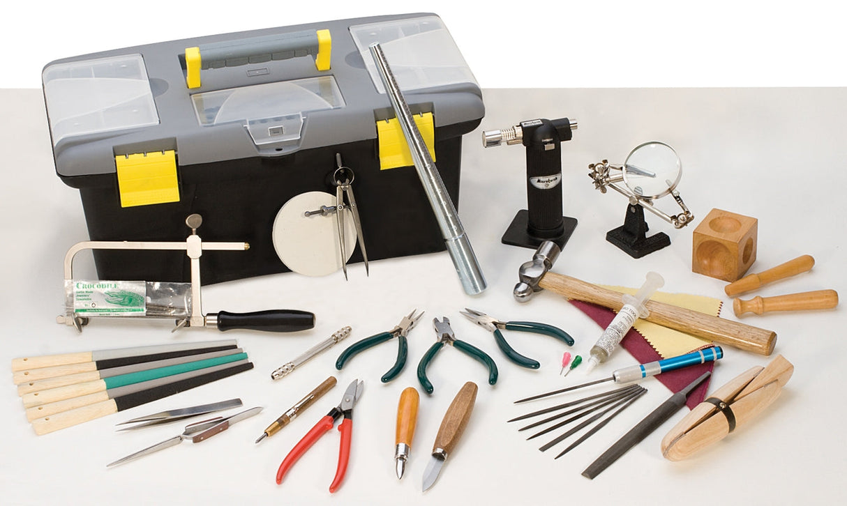 Jeweler's Hand Tool Set with pliers, files, hammer, magnifier, and toolbox for precision jewelry making
