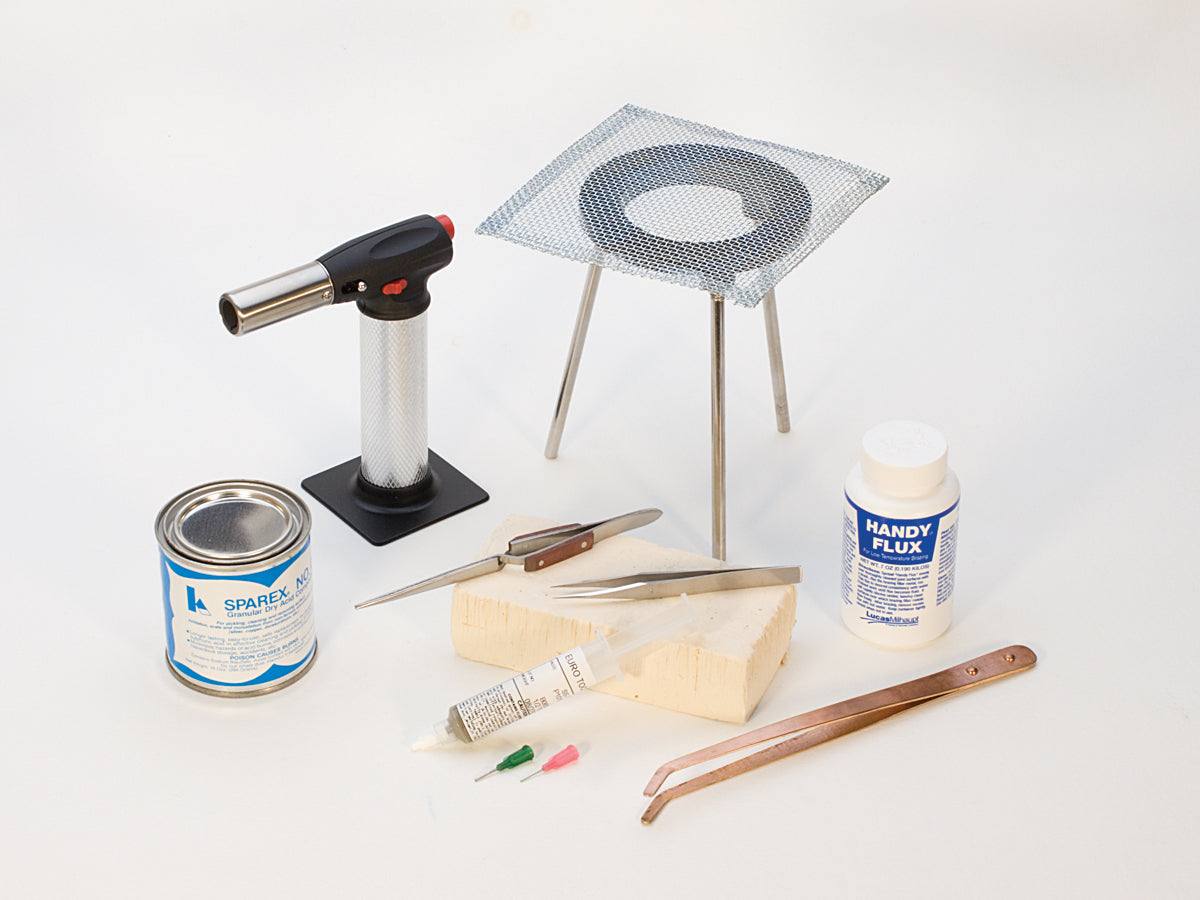 9-piece basic soldering kit with micro-flame torch, flux, solder wire, tweezers, tip cleaner, and soldering stand for electronics and jewelry projects