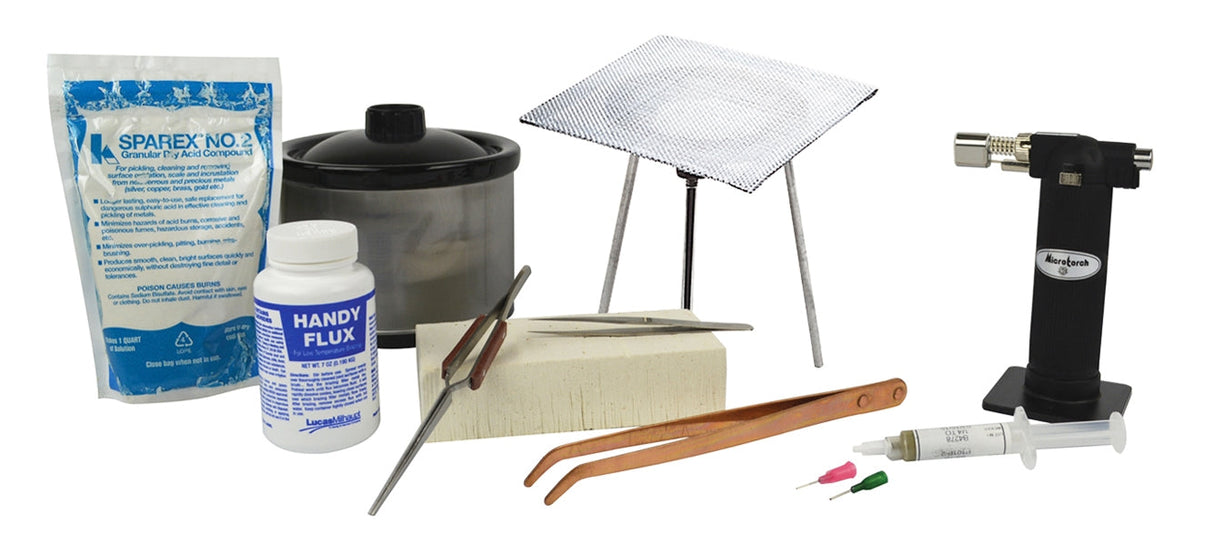 Basic soldering kit with 16 oz pickle pot, flux, Micro-Flame butane torch, tweezers, soldering block, and accessories for electronics and hobby projects.