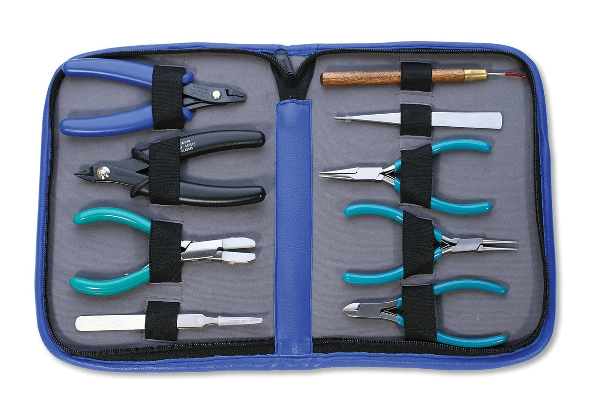 9-Piece Superior Beader's Jewelry Tool Kit with pliers and wire tools in a blue leatherette case