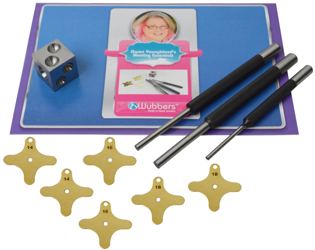 Wubbers Riveting Punch Set with metal punches, brass templates, and guidance card for jewelry making and metalworking