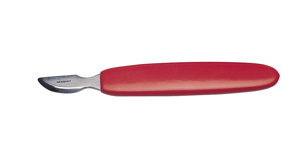 4-1/2 inch German-made watch case opener with red PVC handle and single bevel tool steel blade