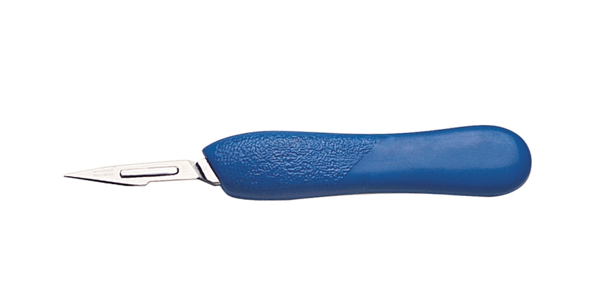 5-inch blue plastic scalpel handle with textured grip and attached scalpel blade for precise cutting tasks