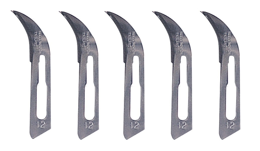 Set of five Swann-Morton #12 curved scalpel blades made of high-quality surgical steel for precise surgical incisions
