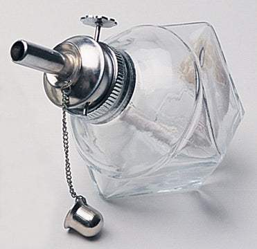 Compact glass alcohol lamp with adjustable 3/16" wick and nickel-plated brass top for precise flame control.