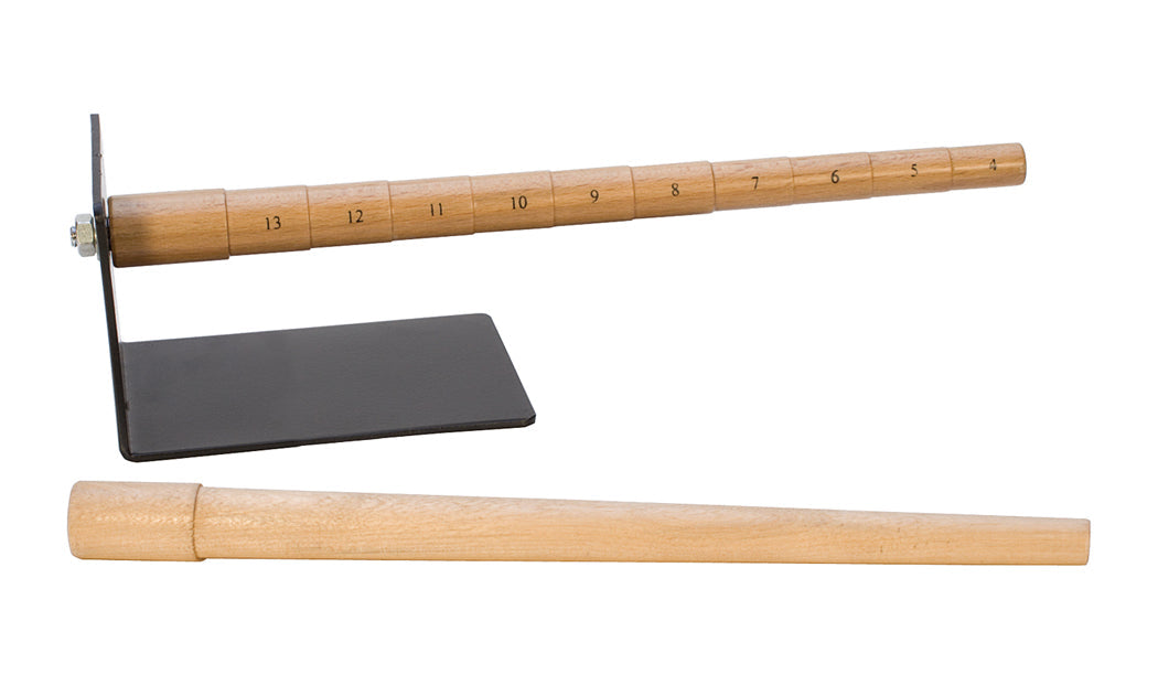 Stepped wooden ring mandrel set with rotating steel base and sizes 4 to 13 markings for precise ring sizing