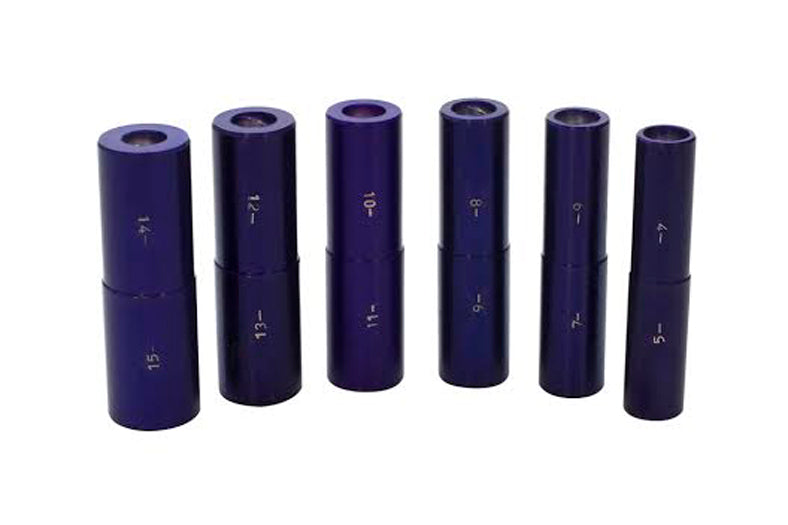 Set of 6 anodized aluminum multimandrels for precise PMC ring sizing half sizes 4.5 to 15.5