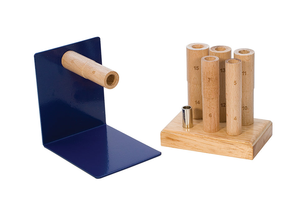 Wooden Multimandrel Set with six size-marked mandrels, metal stand, and wooden storage rack for ring making