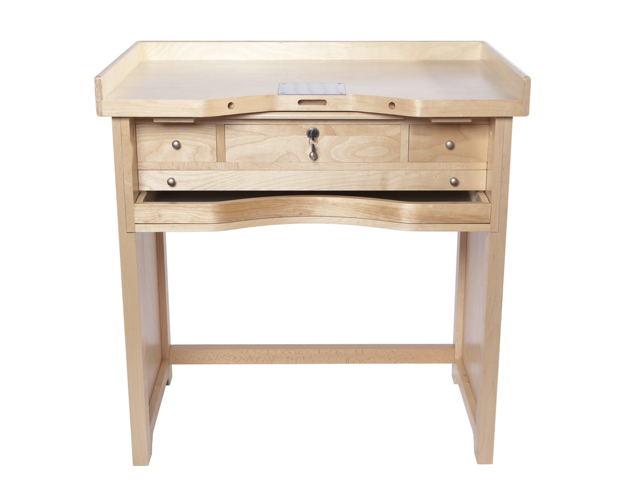 MasterCraft Olympic Workbench with natural birch plywood countertop, three drawers, aluminum catch trays, pull-out arm rests, and pull-out workspace