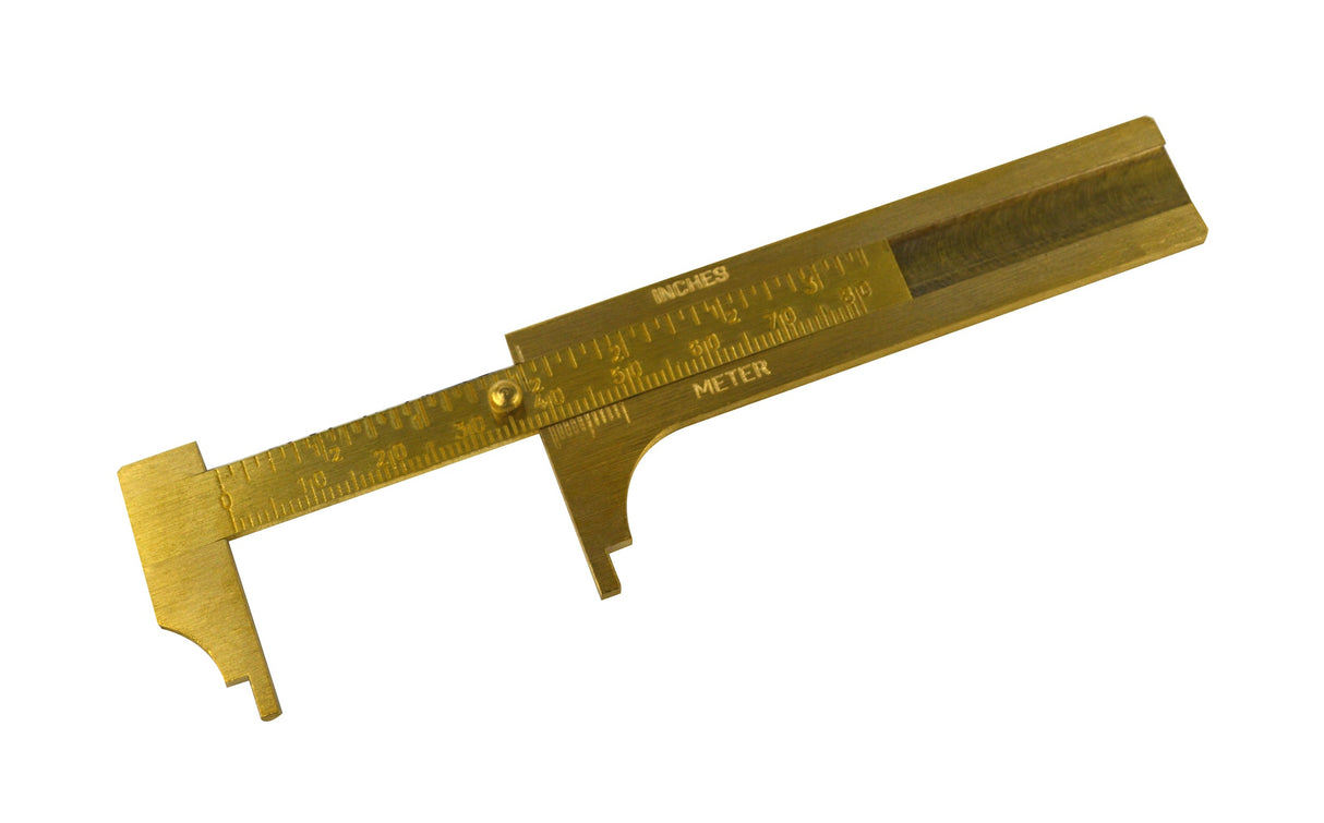 3-inch sliding solid brass gauge with inches and millimeter scales and notched jaws for precise measurements