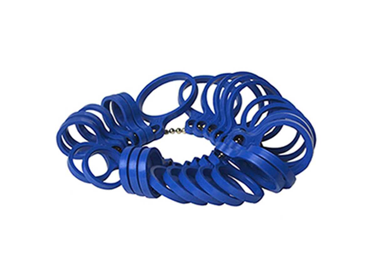 Blue plastic ring sizer measuring gauge set with sizes 1 to 15 on ball chain for jewelry fitting