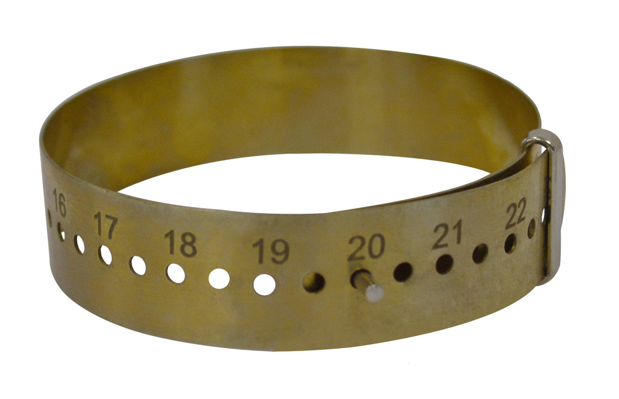 Metal bracelet measuring gauge with adjustable band showing millimeter sizes 15 to 23 for precise bracelet sizing