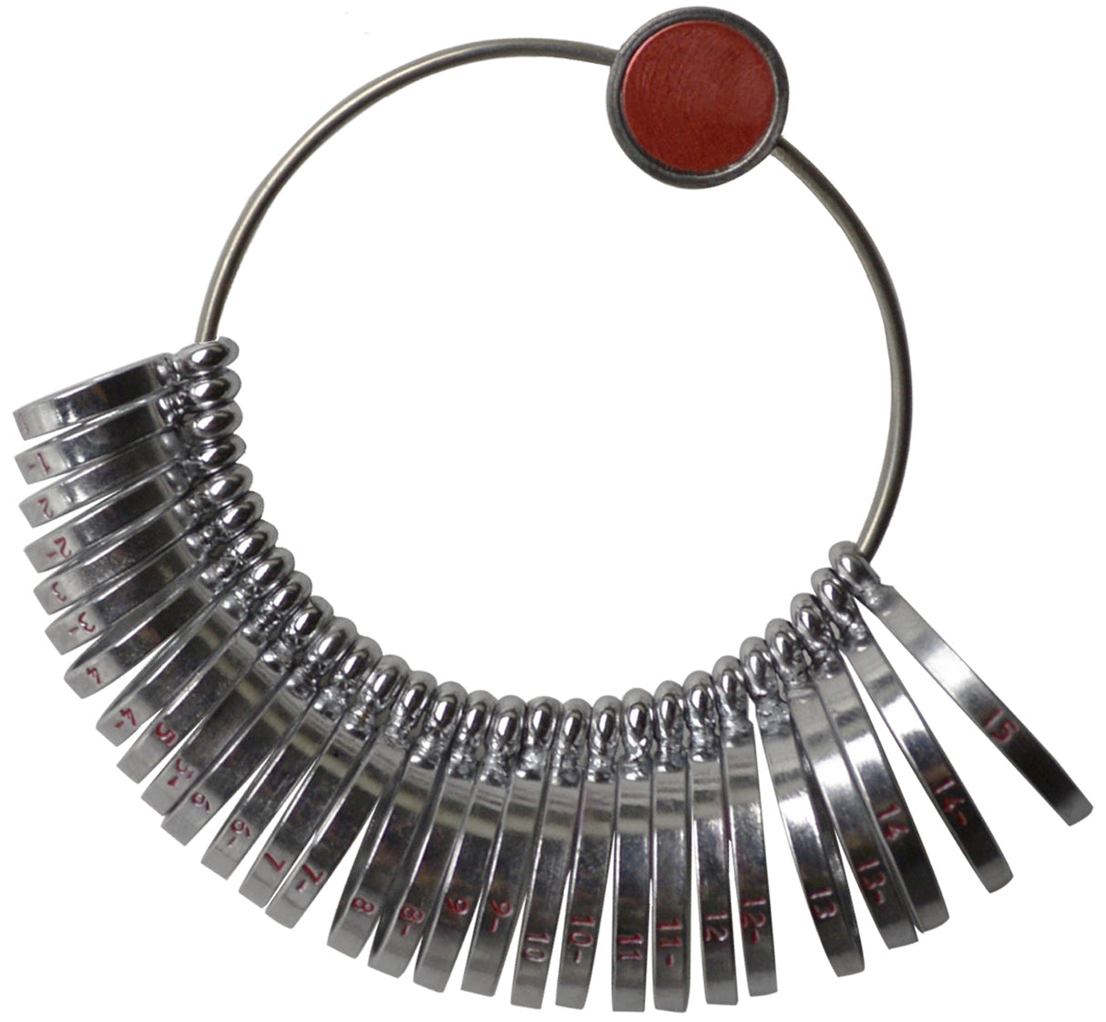 Standard Metal Ring Sizer set with sizes 1 to 15 including half sizes on a metal ring