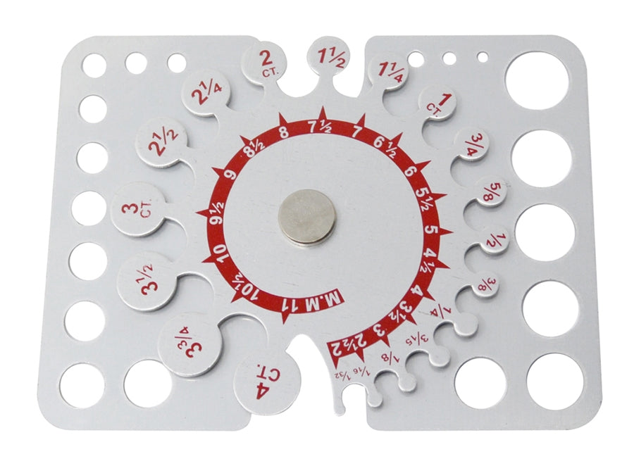 K&B Stone and Diamond Measuring Gauge pocket-sized aluminum tool for precise gemstone sizing in carats and millimeters