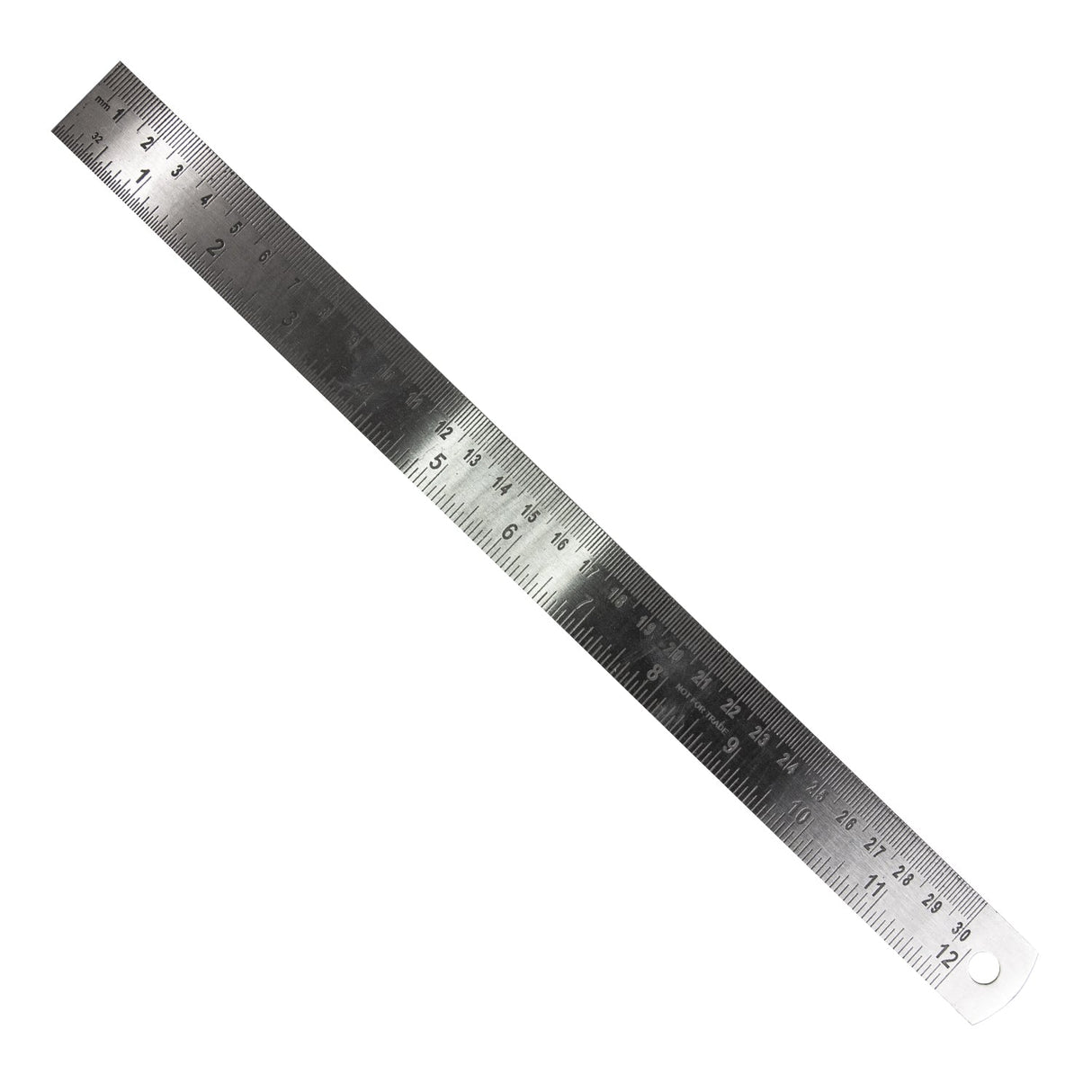12-inch stainless steel ruler with inch and centimeter markings, conversion table on back, and hanging hole