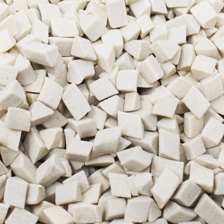 Off-white tetrahedron ceramic media for vibratory tumblers, 2.2 lbs, 4-6 mm size, durable polishing media