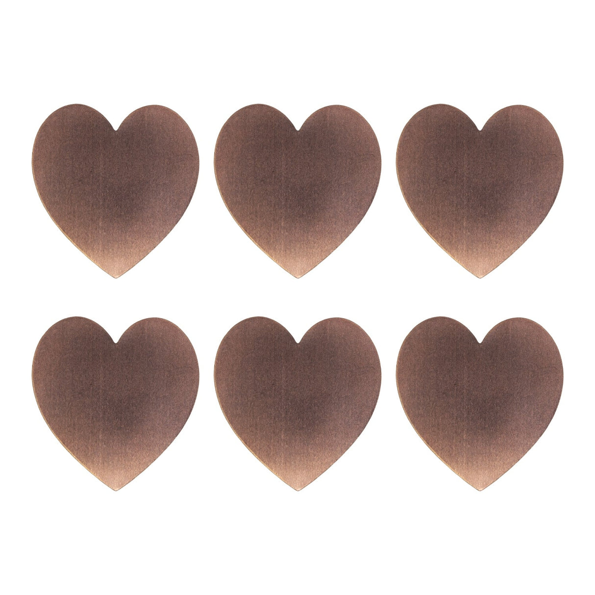 Six 24 gauge copper heart charm blanks measuring 1-3/8 by 1-1/2 inches in a 6-pack for jewelry making