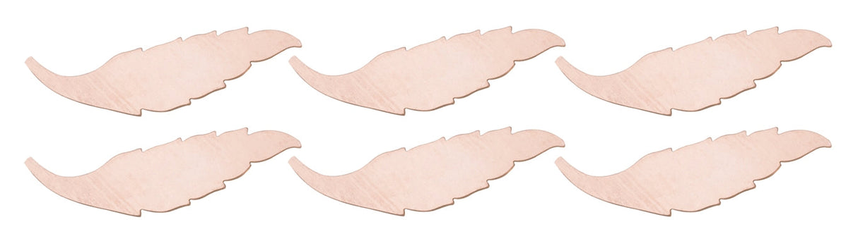 Set of six 24 gauge copper feather charm blanks, 60mm x 15mm, ideal for jewelry making
