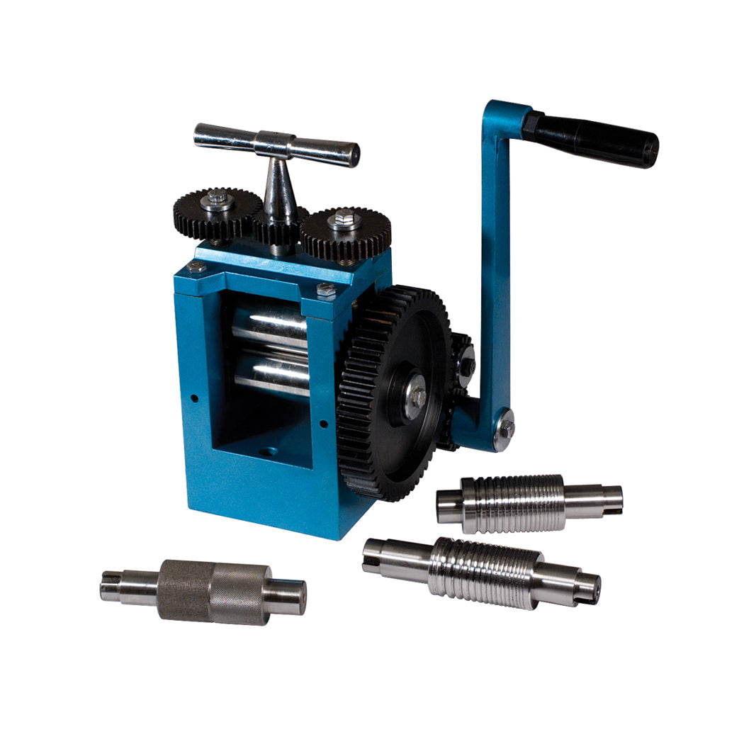 Rolling Mill - 80 MM with tempered steel, polished rollers, 3:1 gear ratio, two flat and two wire rollers, plus pattern roller for jewelry making and metal shaping