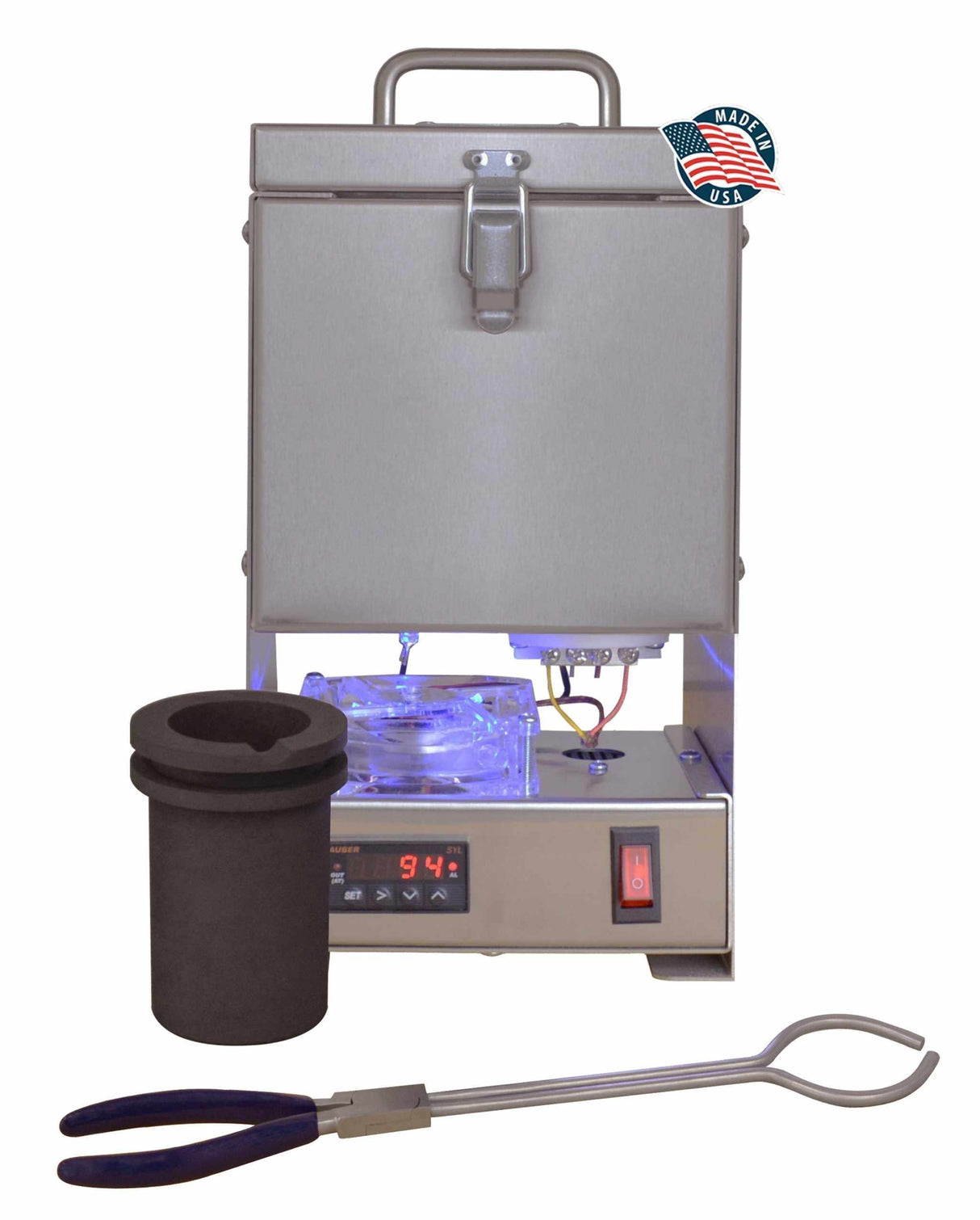 TableTop QuikMelt PRO-60 stainless steel electric melting furnace with graphite crucible and ring tongs