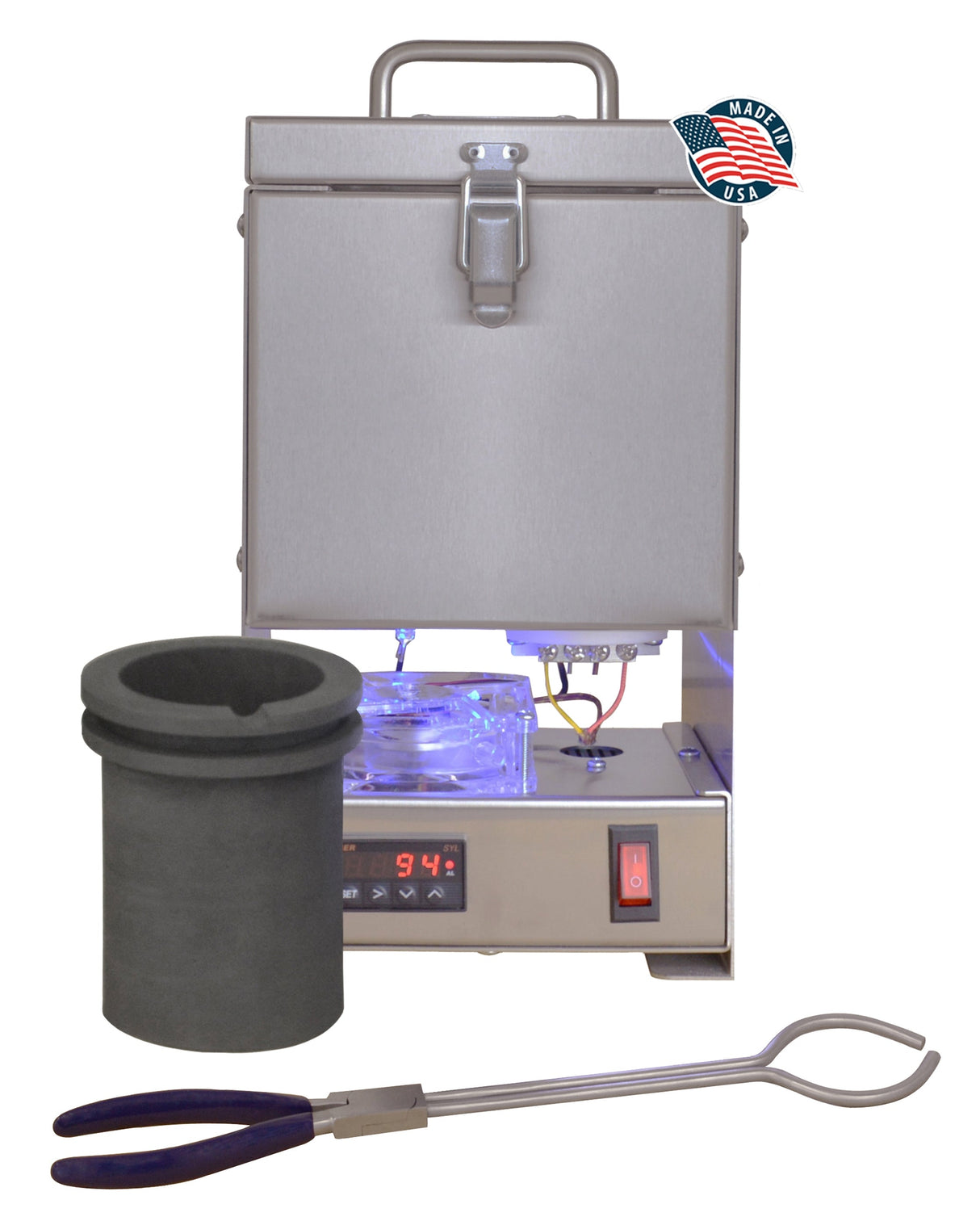 TableTop QuikMelt 100 oz portable stainless steel melting furnace with top-loading design for precious metals.