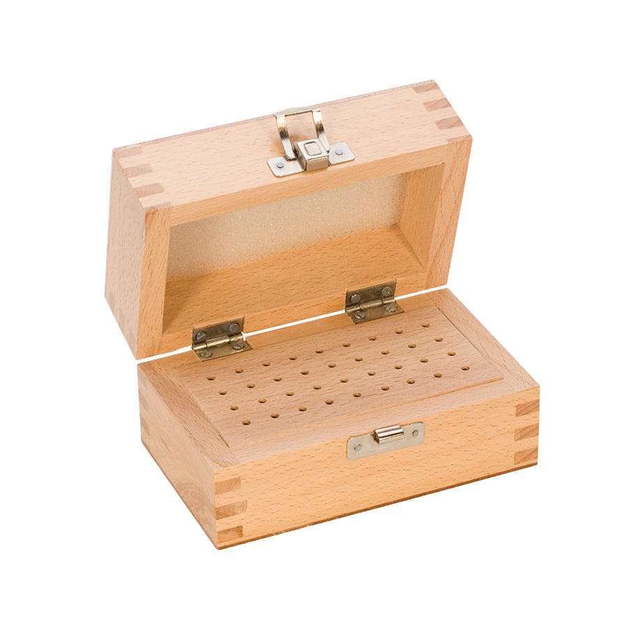 Wooden bur box with 36 holes for organizing 3/32in and 1/8in shank tools, compact and neatly finished.