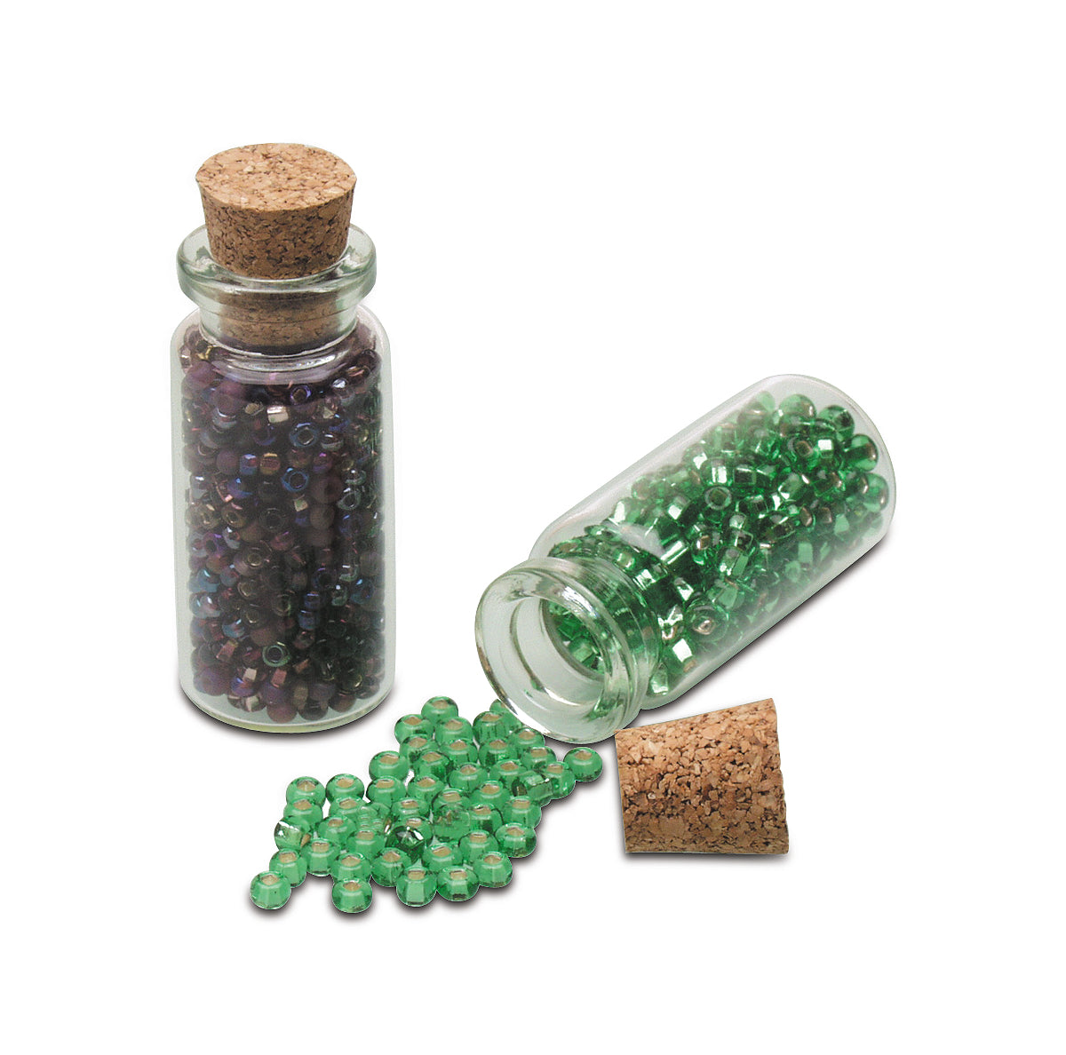 Clear glass bead bottles with cork stoppers filled with green and purple seed beads for organizing small jewelry components