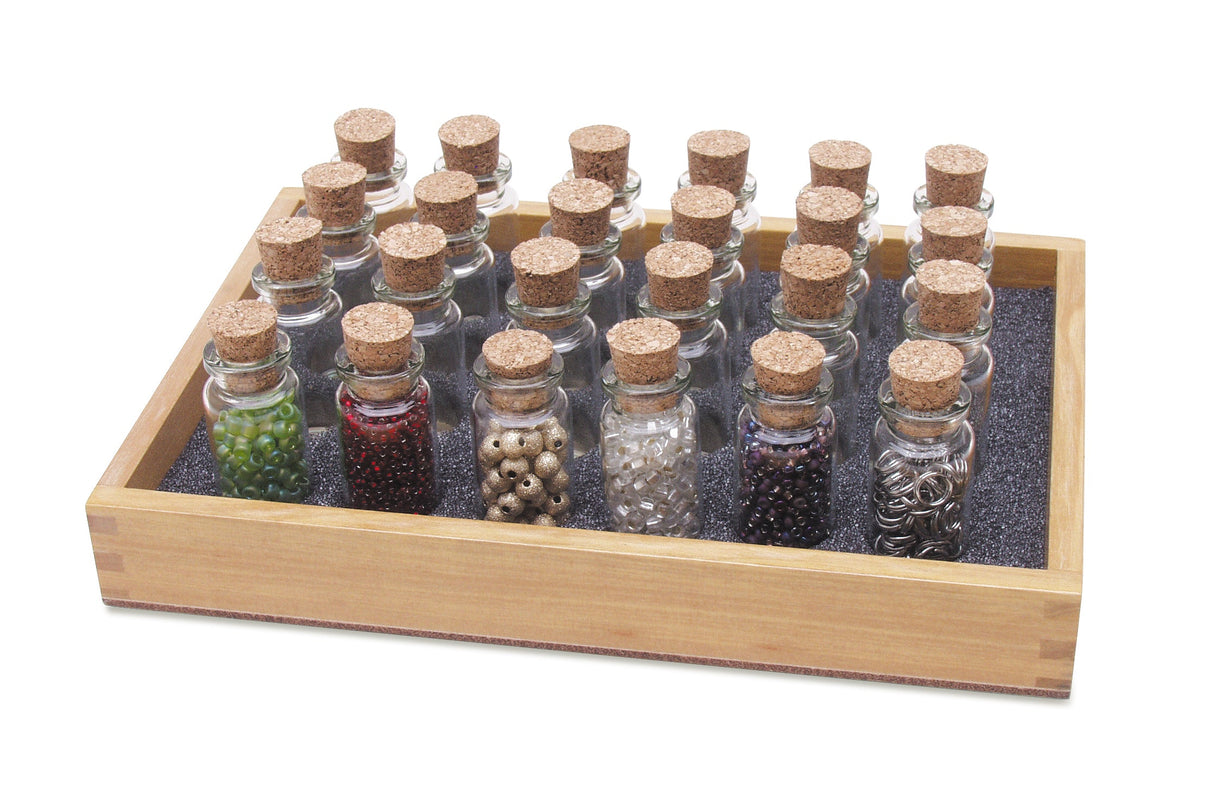 Wooden bead storage bottle tray with corked glass bottles and soft foam insert for secure bead organization