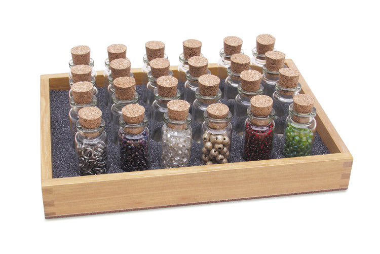 Wooden bead tray with 20 glass storage bottles and cork lids for organizing beads