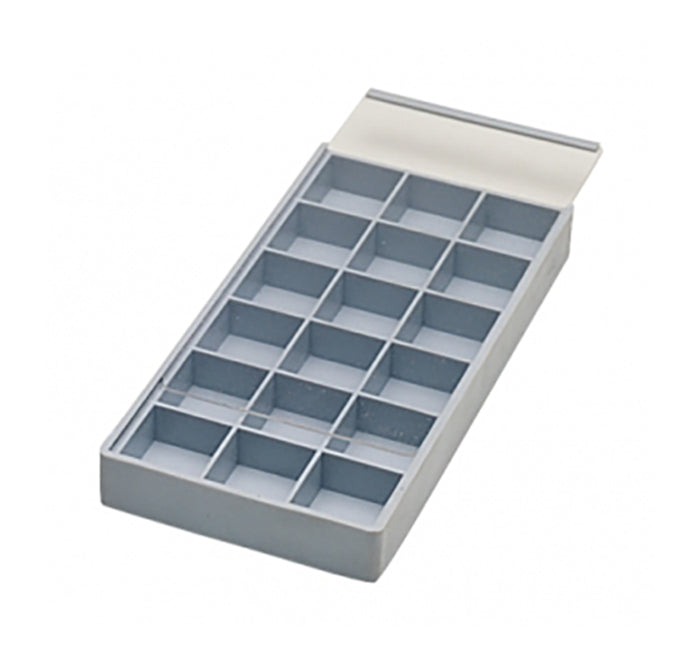 18 compartment plastic storage tray with sliding lid for small parts organization