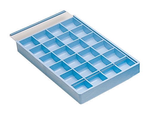 24 compartment blue bead storage tray with sliding lid and rounded edges for craft organization
