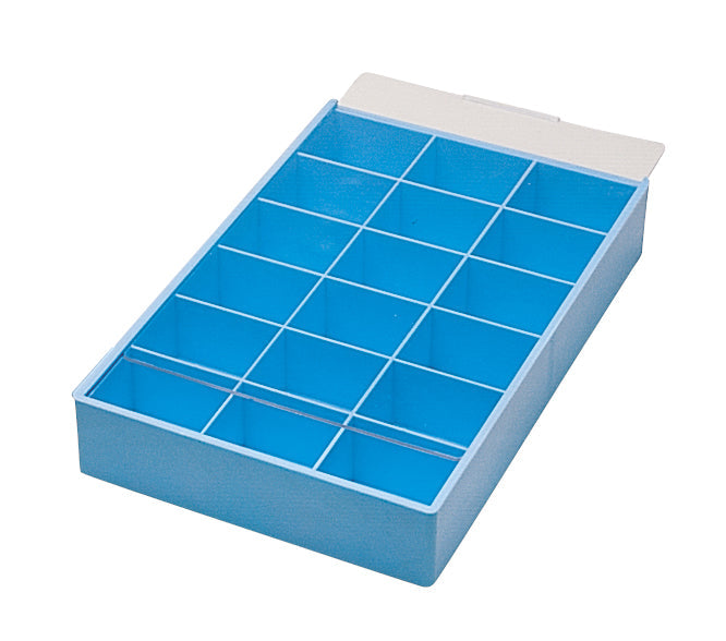 18 compartment blue storage tray with sliding lid for organizing small craft supplies and beads