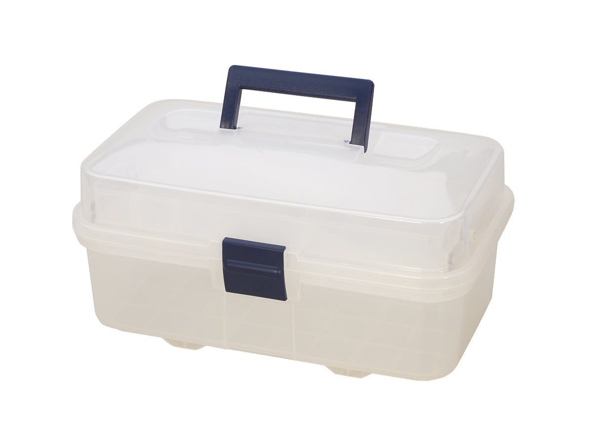 Clear plastic storage box with compartments and a blue handle for organizing small parts and craft supplies.