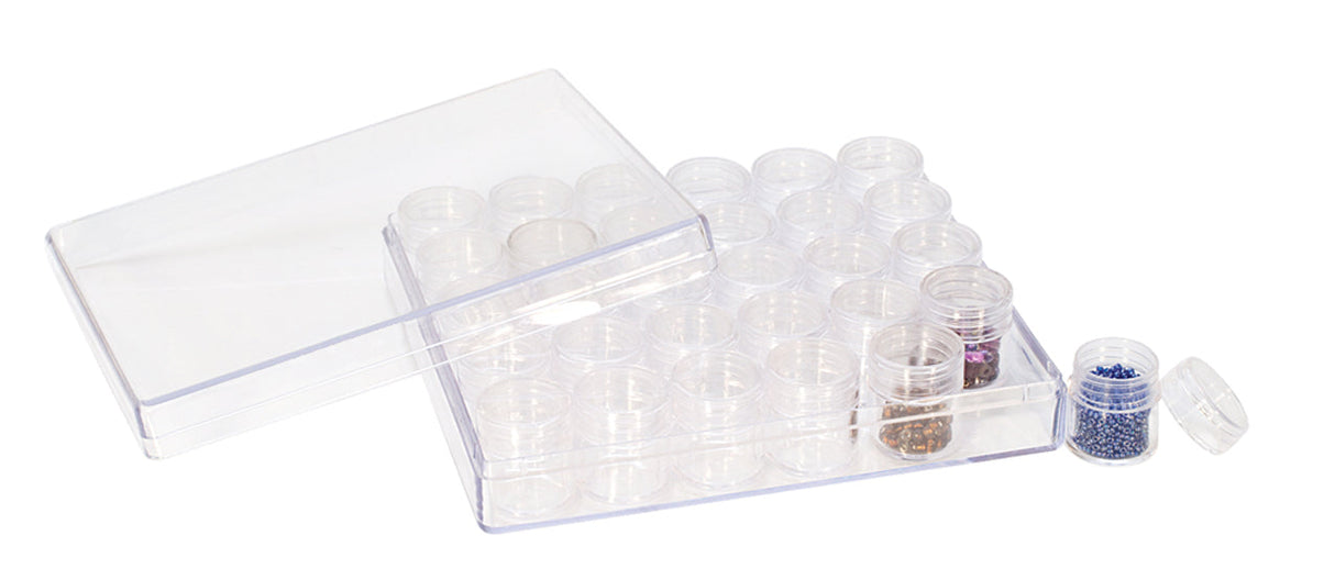 30-in-1 plastic storage containers set with clear round jars and screw-on lids for organizing small items