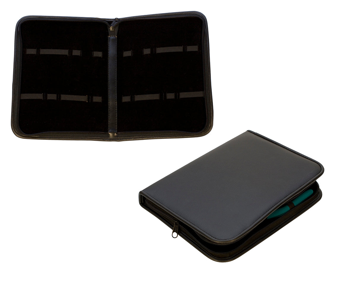 Black leatherette tool pouch with zipper, elastic bands inside for tools, compact and durable organizer case