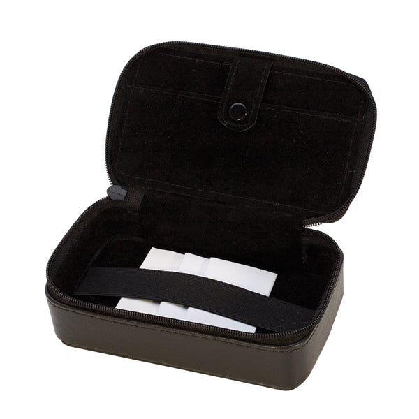 Compact black Stone Paper Leather Wallet with velvet lining, zipper closure, and elastic strap for secure storage.