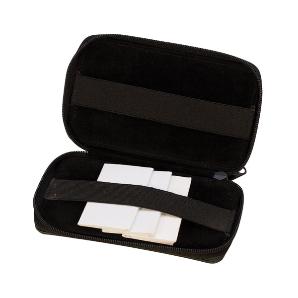 Open black stone paper leather wallet with velvet lining and secure zipper, holding stone papers inside.