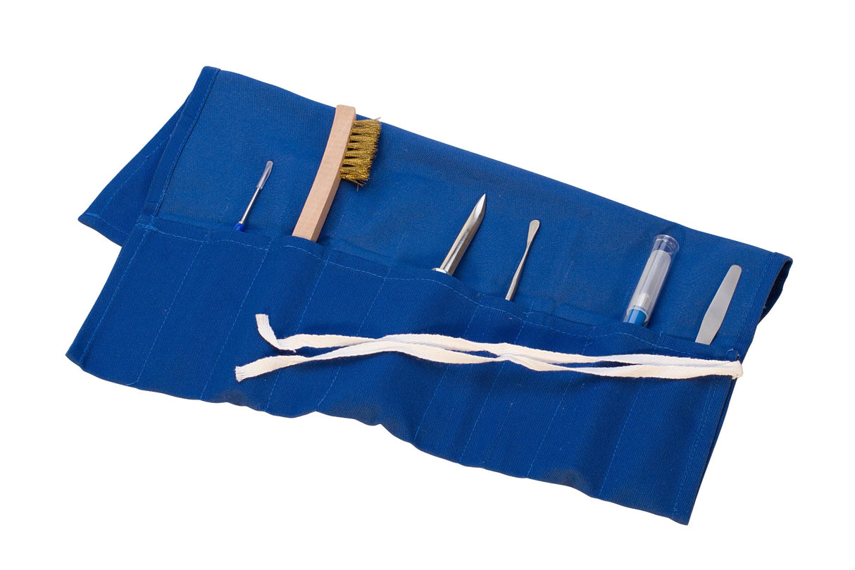 Blue Metal Clay Tool Pouch roll-up organizer with 9 pockets and tools inside