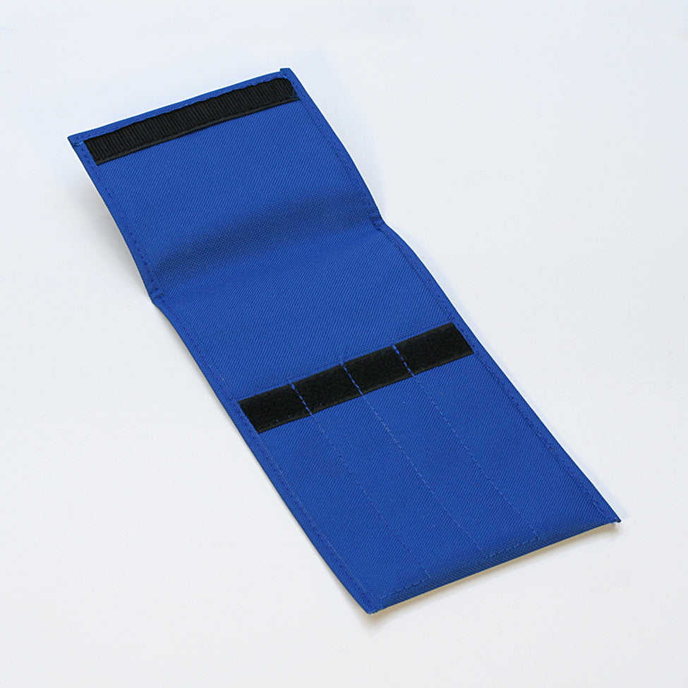 Blue canvas file pouch with four compartments and Velcro flap closure for organized document storage