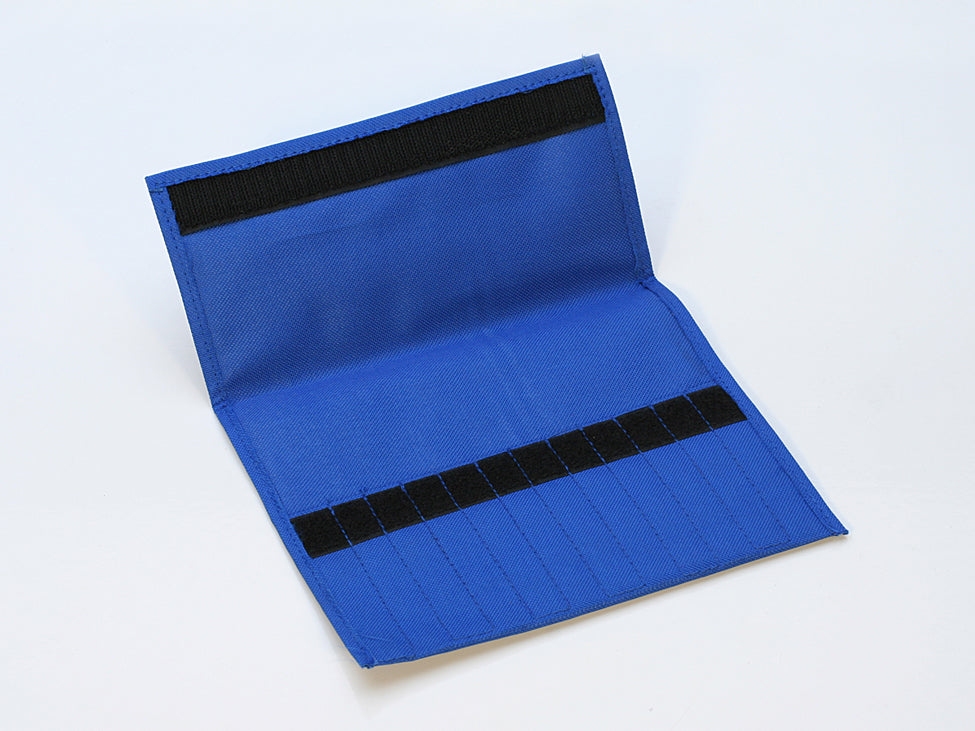 Blue canvas file pouch with 12 compartments and Velcro flap for secure storage of needle files