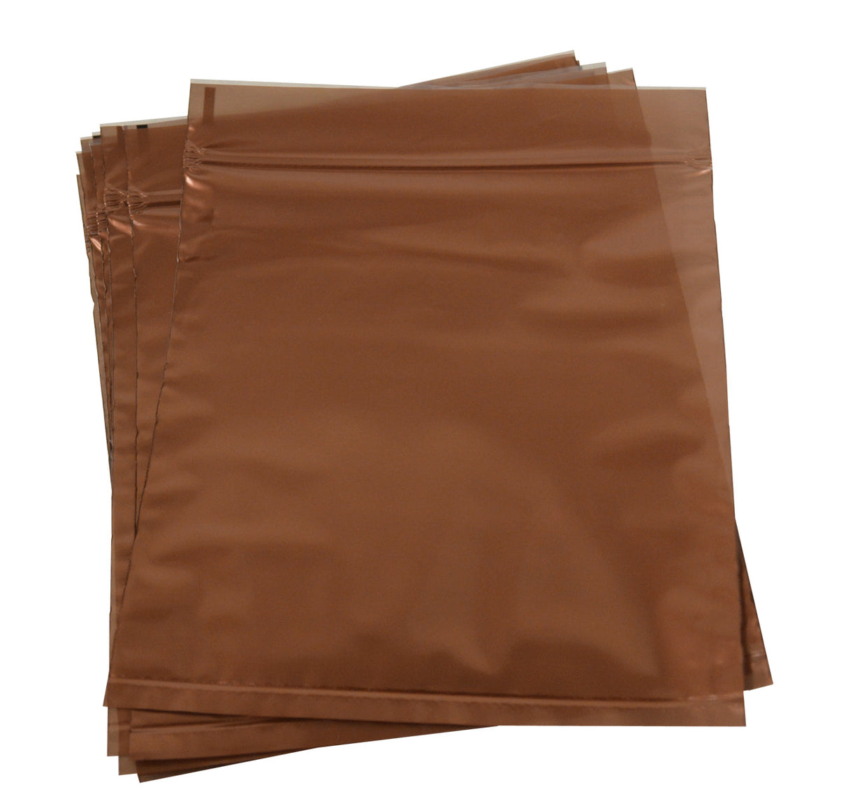 Pack of 10 copper-colored 6x6 inch anti-tarnish locking bags for jewelry storage and protection